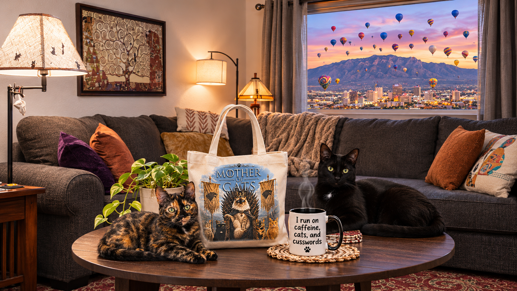 Mika and Koji in a cozy living room with a Mother of Cats tote and sarcastic cat mug, overlooking the Albuquerque skyline and hot-air balloons.