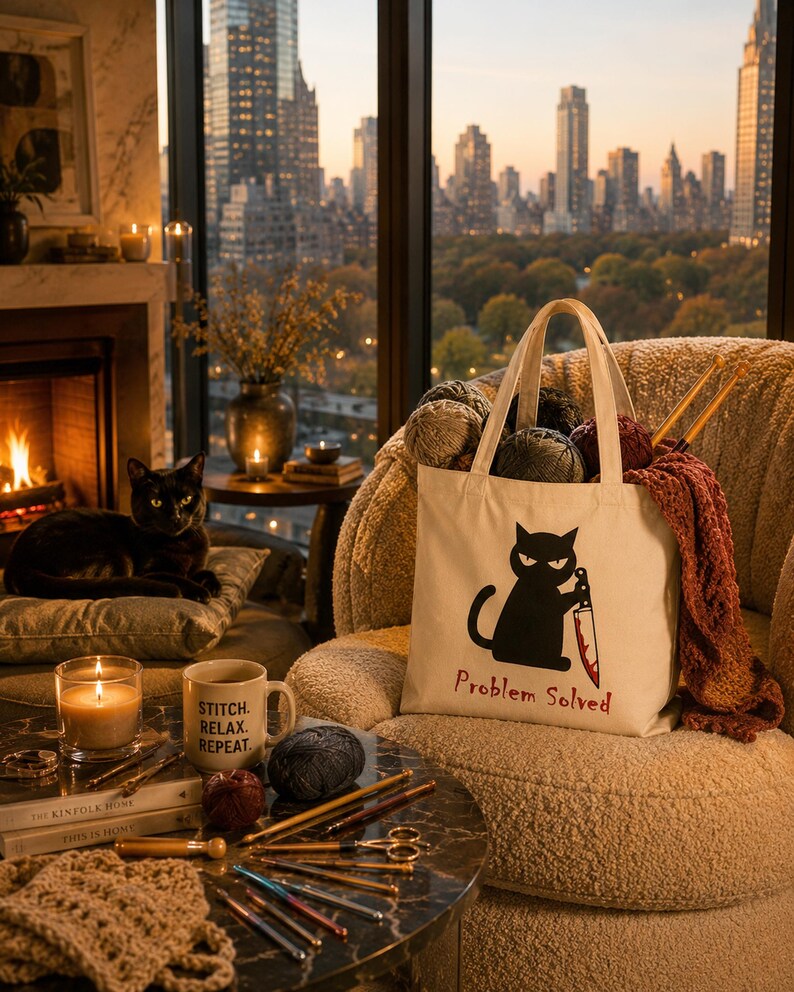 Problem Solved black cat tote arranged with yarn and craft supplies