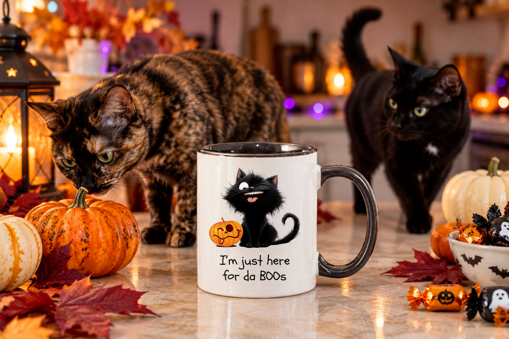 Just Here for the Boos Halloween black cat ceramic mug displayed in a seasonal setting
