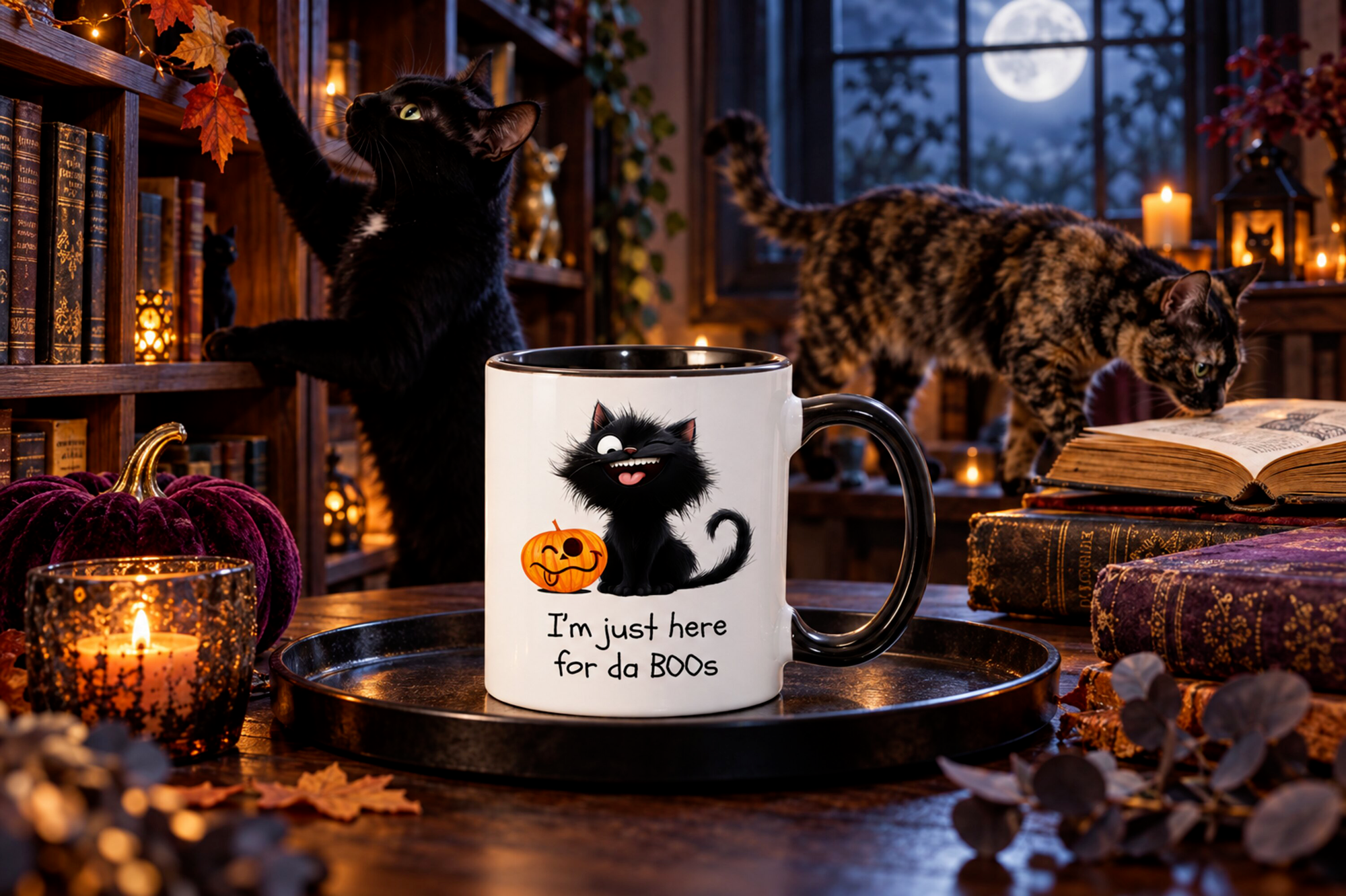 Alternate view of the Just Here for the Boos Halloween cat coffee mug