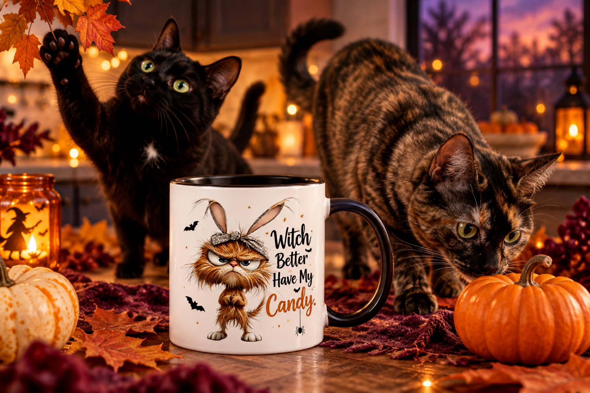 Witch Better Have My Candy funny Halloween cat ceramic mug displayed in a seasonal setting