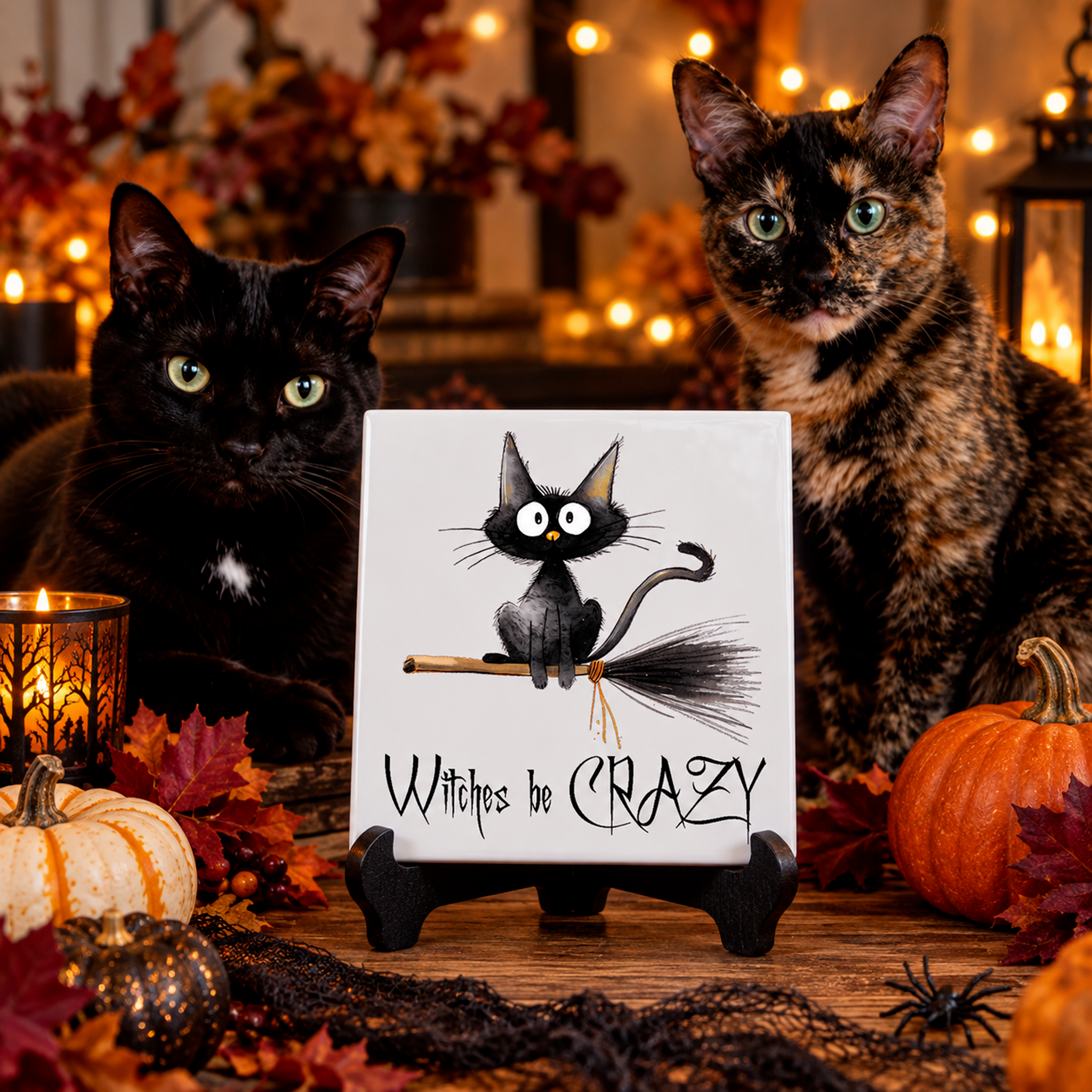 Witches Be Crazy Halloween decorative tile displayed in a seasonal setting