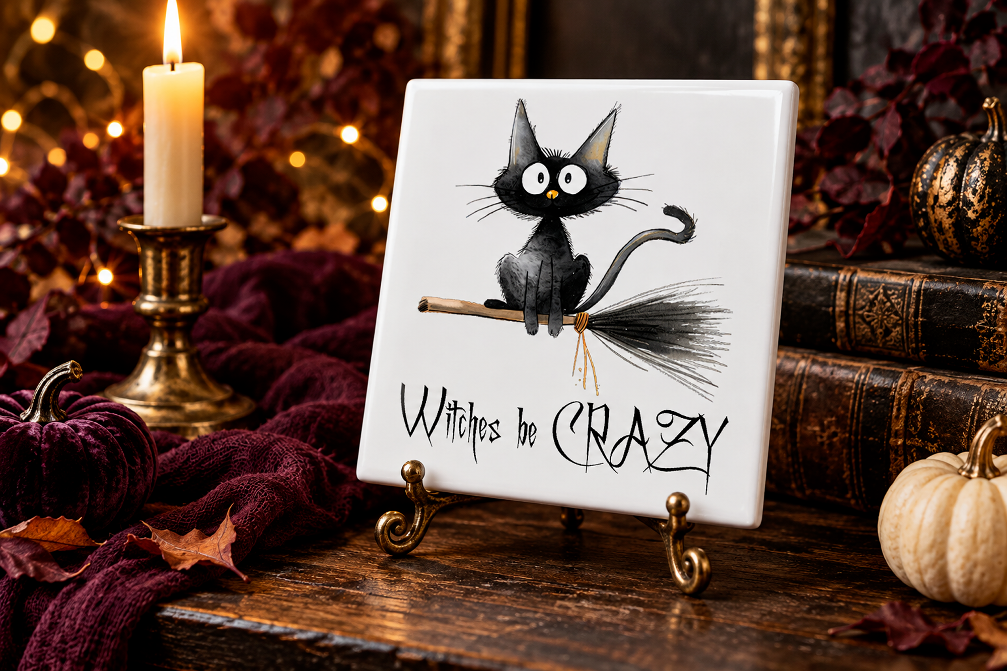 Alternate view of the Witches Be Crazy Halloween decorative tile