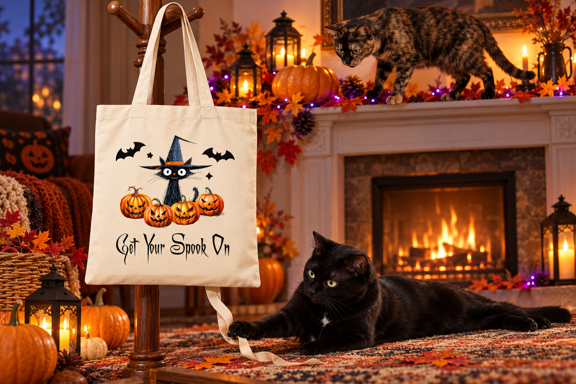 Get Your Spook On Halloween cat tote bag displayed in a seasonal setting