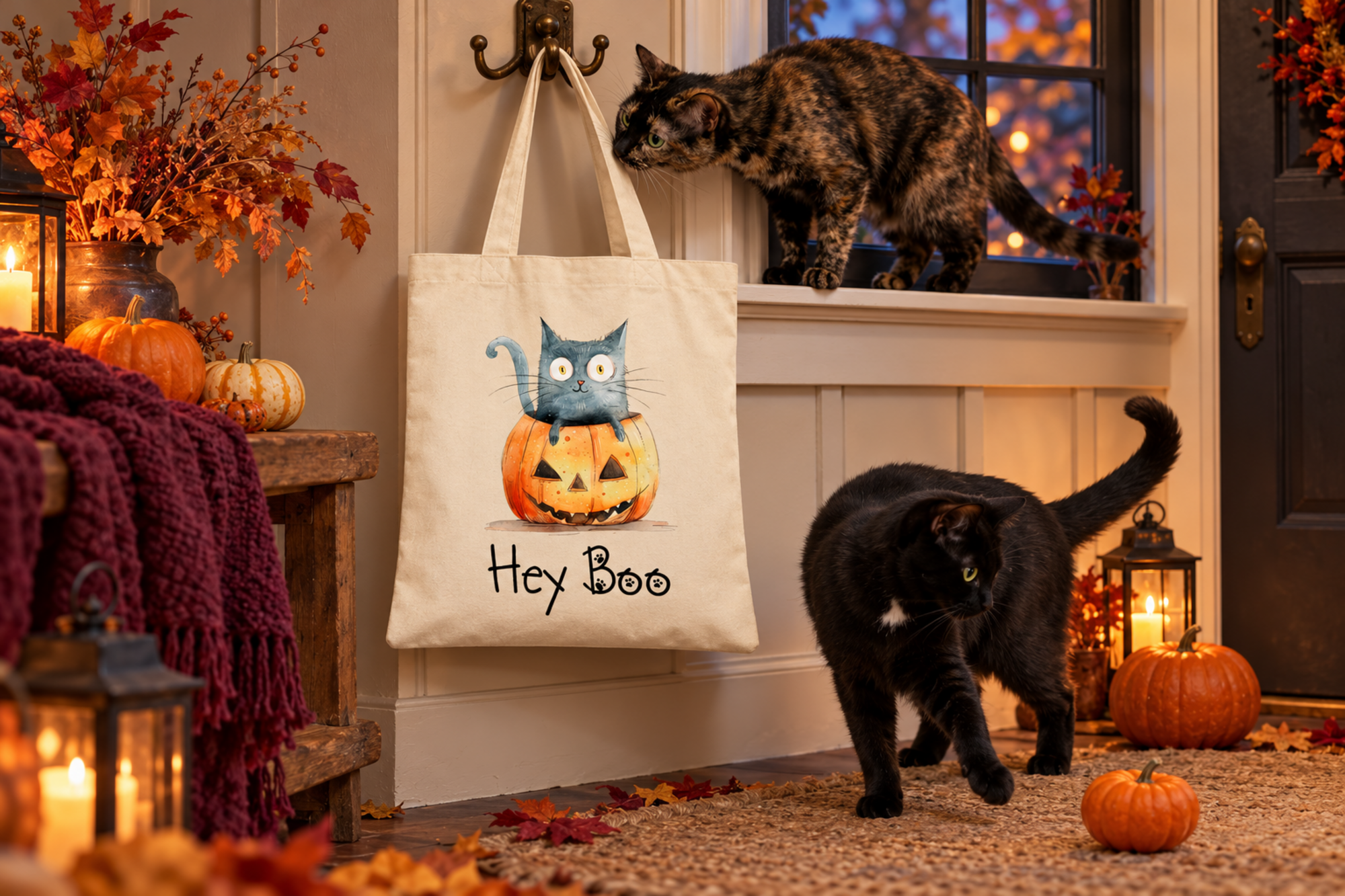 Hey Boo Halloween cat tote bag displayed in a seasonal setting