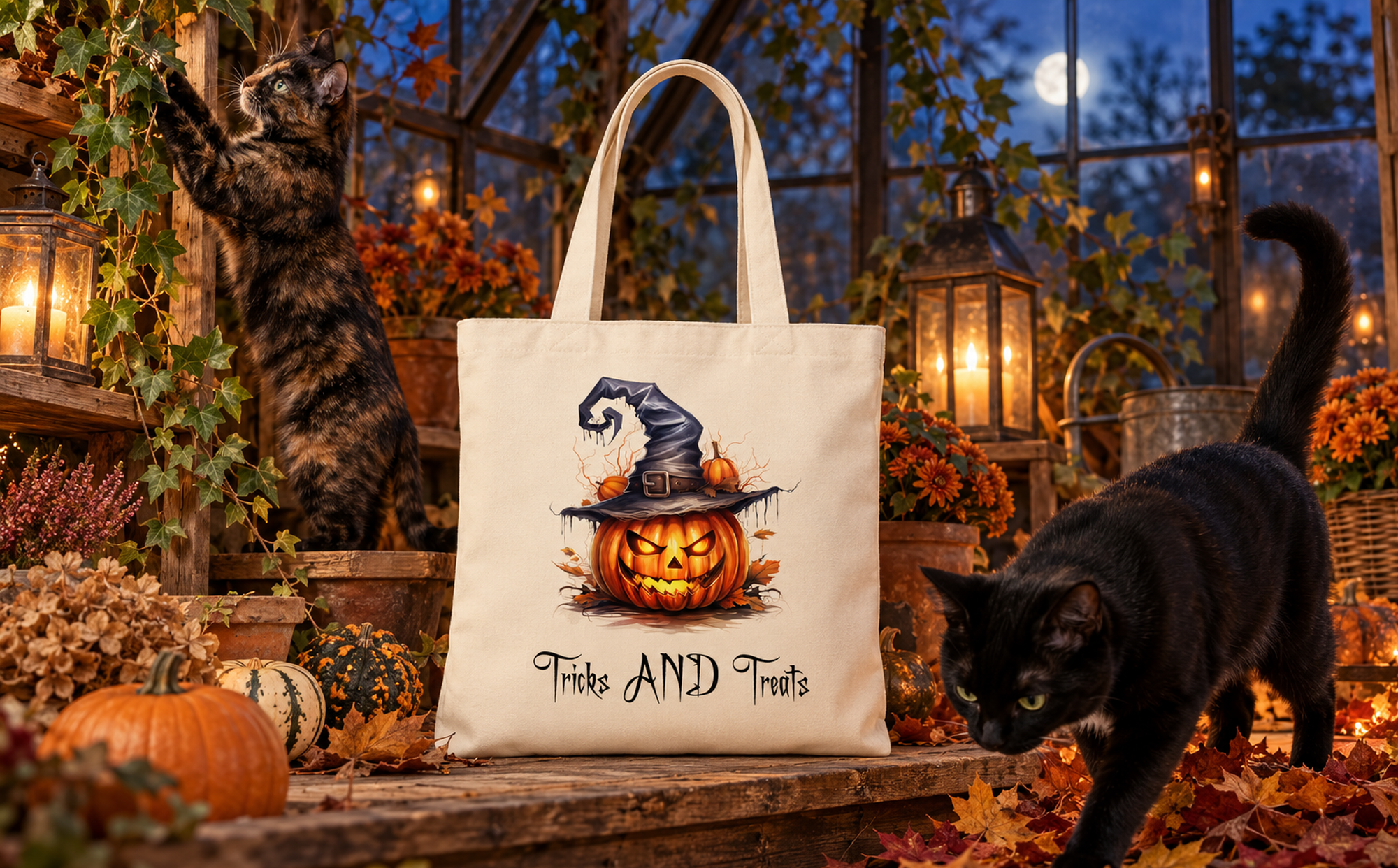 Tricks and Treats Halloween cat tote bag displayed in a seasonal setting